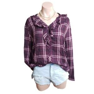 Time and Tru Purple Plaid Ruffle Button Up Shirt